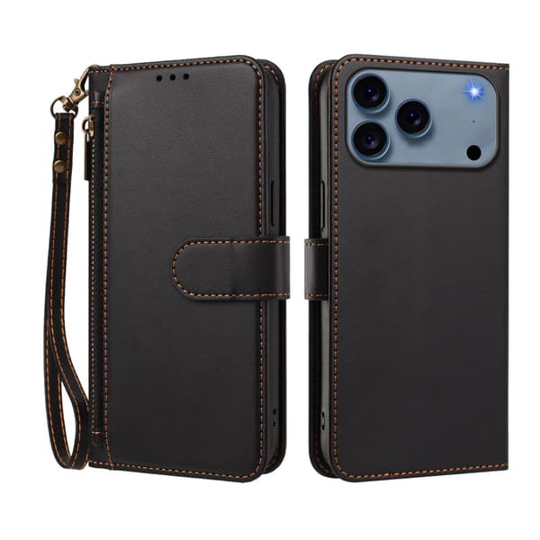 SKALO PT 30 Zipper PU-Læder Flip Cover til iPhone 18 Pro - Sort