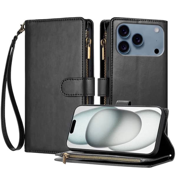 SKALO L01 Big Wallet Zipper Cover til iPhone 18 Pro Max - Sort