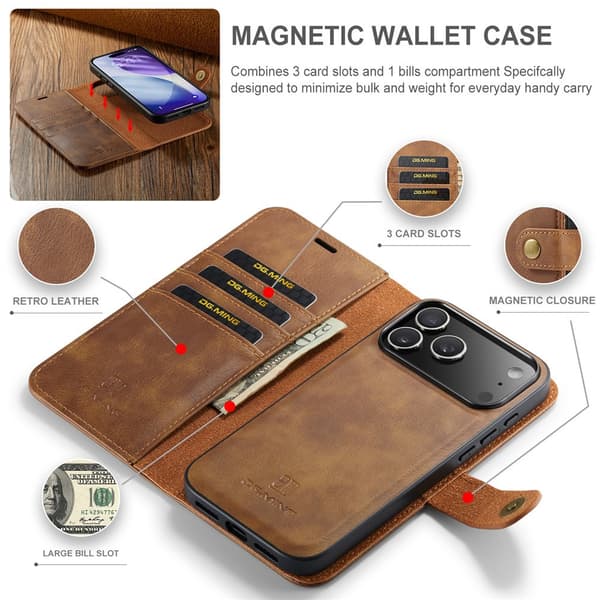 DG MING 2-i-1 Magnet Flip Cover til iPhone 18 Pro - Brun