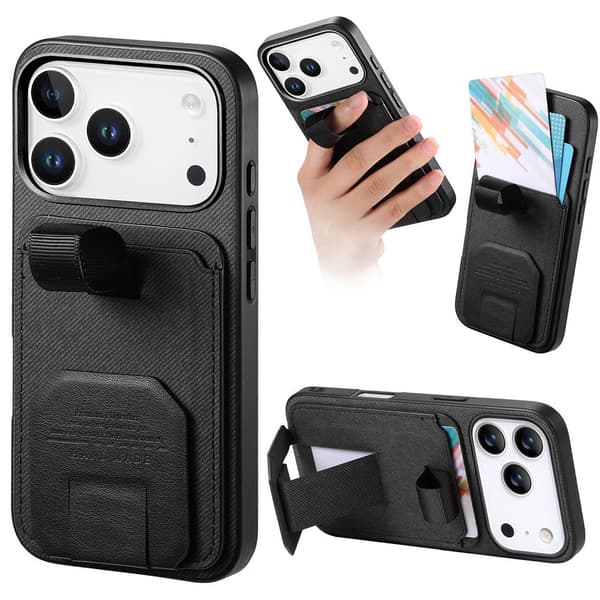 SKALO Hybridskal med Kortholder & Stativ Cover til iPhone 18 Pro Max - Sort