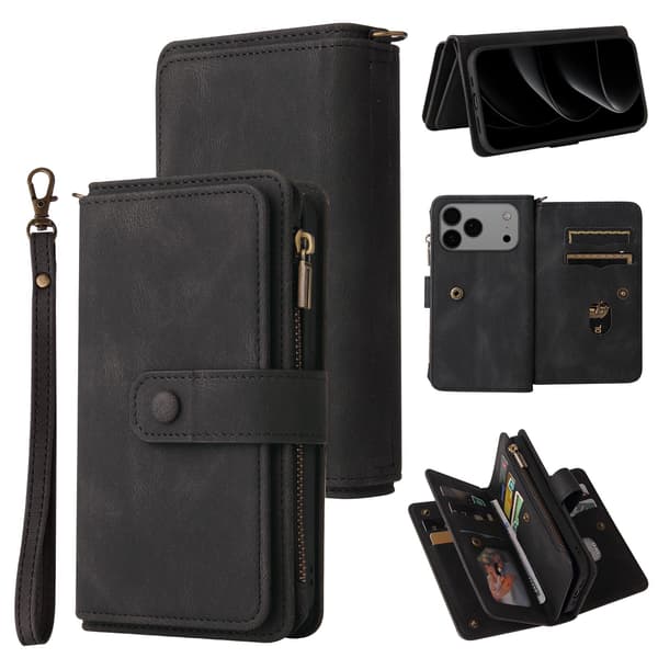 SKALO KT-2 Big Wallet 17-RUM Flip Cover til iPhone 18 Pro Max - Sort