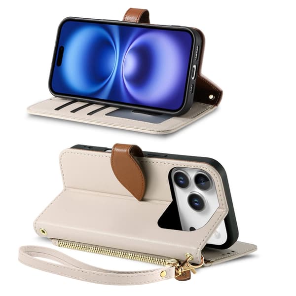 SKALO PU-Läder Lövdesign Plånboksfodral för iPhone 18 Pro Max - Beige
