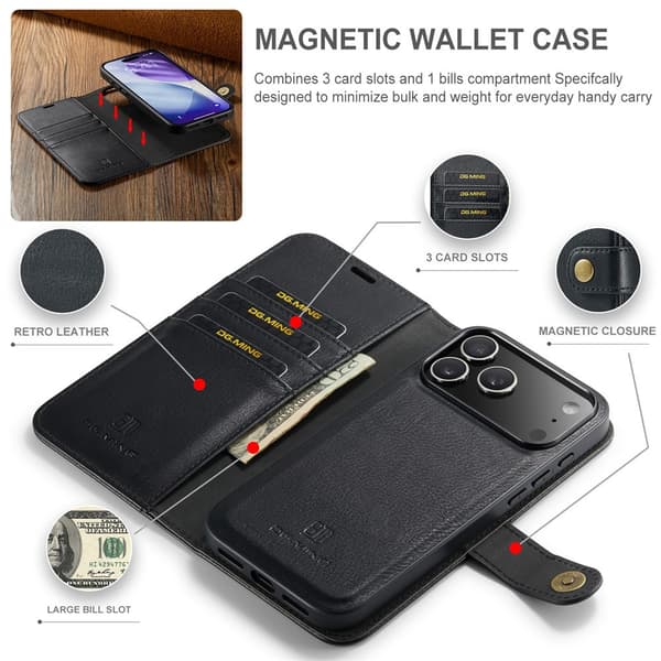 DG MING 2-i-1 Magnet Plånboksfodral för iPhone 18 Pro Max - Svart
