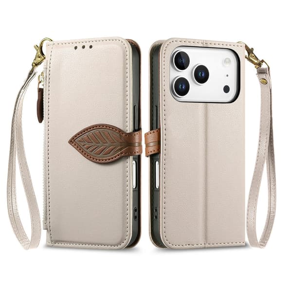 SKALO PU-Læder Bladdesign Flip Cover til iPhone 18 Pro - Beige