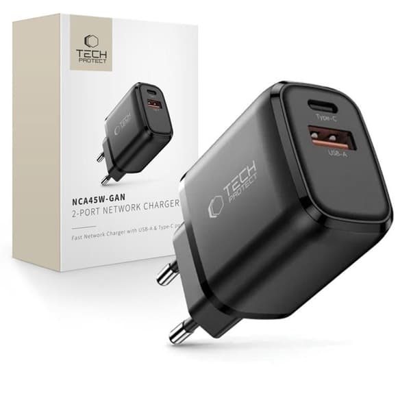 Tech-Protect NCA45W-GAN vægoplader 2-port USB-C 45W & USB-A QC3.0 - Sort