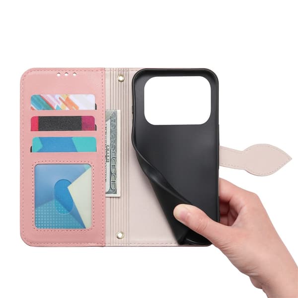 SKALO PU-Läder Lövdesign Plånboksfodral för iPhone 17 Pro Max - Roséguld