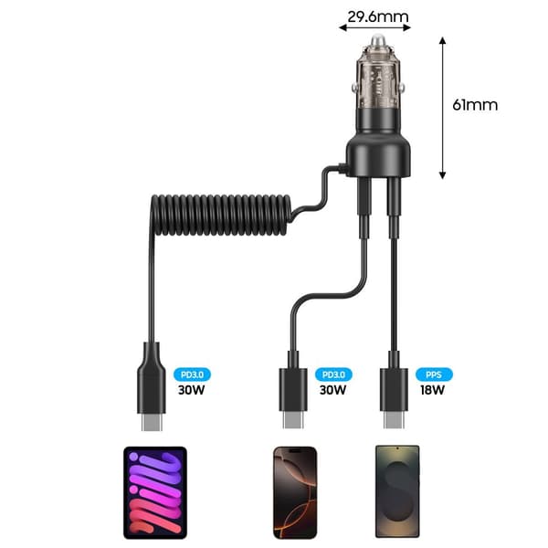 Tech-Protect CC05 billader 2-port 60W med USB-C-kabel - Sort