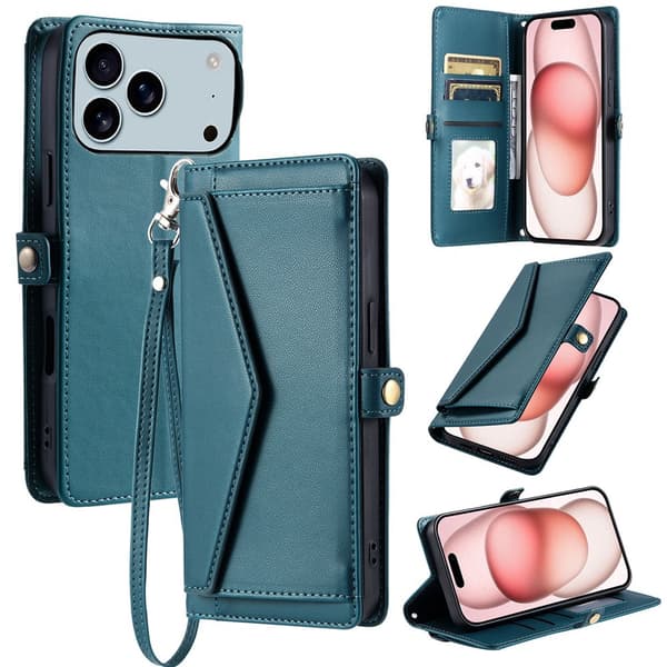 SKALO PU-Läder Envelope Plånboksfodral för iPhone 18 Pro Max - Grön