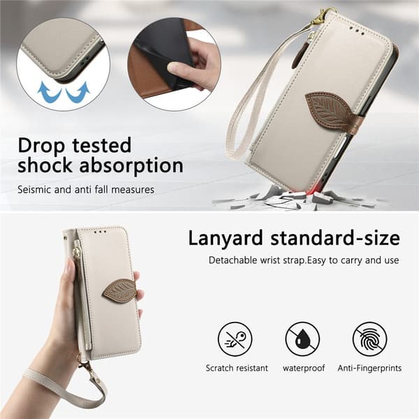 SKALO PU-Läder Lövdesign Plånboksfodral för iPhone 18 Pro Max - Beige