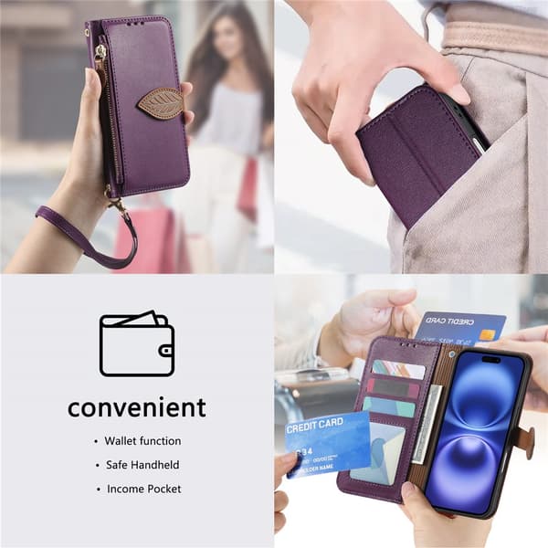 SKALO PU-Läder Lövdesign Plånboksfodral för iPhone 18 Pro - Lila