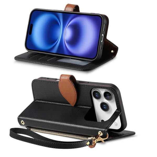 SKALO PU-Läder Lövdesign Plånboksfodral för iPhone 18 Pro Max - Svart
