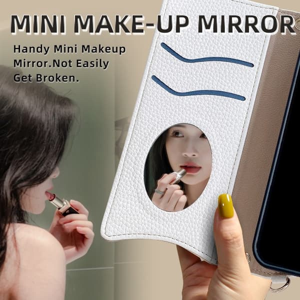 SKALO Samsung A17 Litchi Makeup Mirror Chain Plånboksfodral - Vit