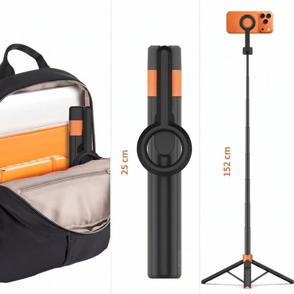 Tech-Protect L10S MagSafe Selfie stick med stativ og Bluetooth 152cm - Sort/Orange