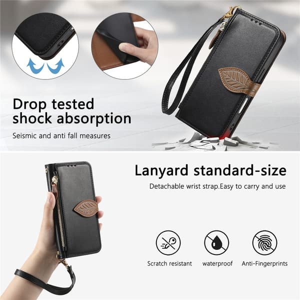 SKALO PU-Läder Lövdesign Plånboksfodral för iPhone 18 Pro - Svart