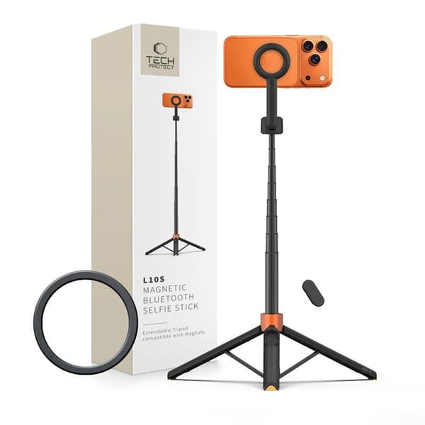 Tech-Protect L10S MagSafe Selfie stick med stativ og Bluetooth 152cm - Sort/Orange