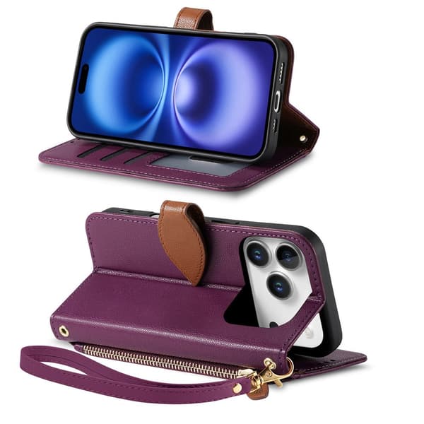 SKALO PU-Läder Lövdesign Plånboksfodral för iPhone 18 Pro Max - Lila