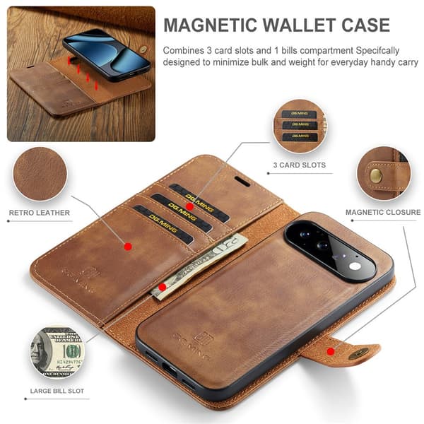 DG MING 2-i-1 Magnet Flip Cover til Google Pixel 11 Pro - Brun