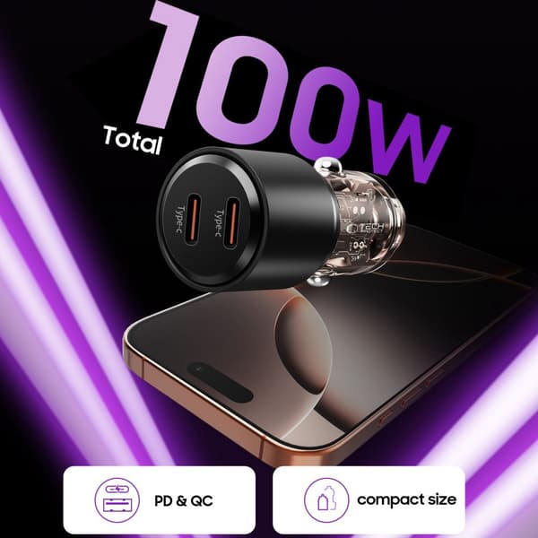 Tech-Protect CC03 billaddare 2-port USB-C 100W - Svart