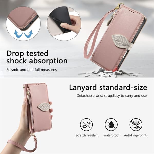 SKALO PU-Läder Lövdesign Plånboksfodral för iPhone 17 Pro Max - Roséguld