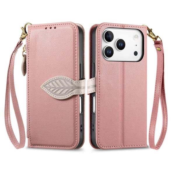 SKALO PU-Läder Lövdesign Plånboksfodral för iPhone 18 Pro Max - Roséguld