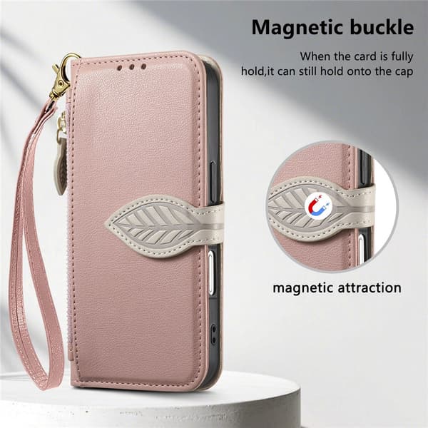 SKALO PU-Läder Lövdesign Plånboksfodral för iPhone 18 Pro Max - Roséguld