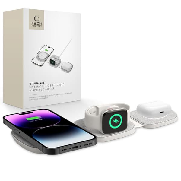 Tech-Protect QI15W-A32 3-i-1 MagSafe trådløs oplader 15W - Grå