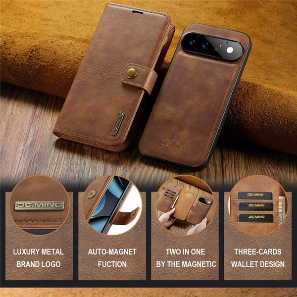 DG MING 2-i-1 Magnet Flip Cover til Google Pixel 11 Pro - Brun