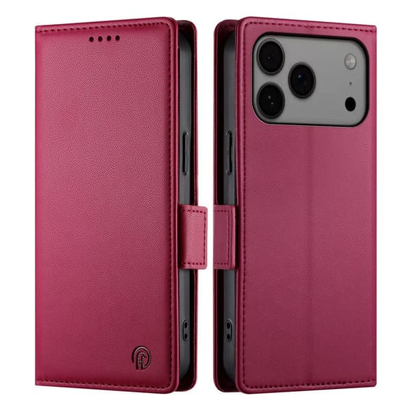 SKALO PU-Läder Plånboksfodral för iPhone 18 Pro Max - Vinröd