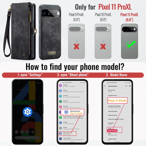 CaseMe 008 BIg Wallet 2in1 Magnet Flip Cover til Google Pixel 11 Pro XL - Sort