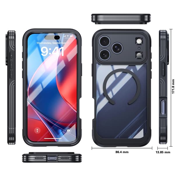 SKALO Shockproof Clear Hybrid+Skærmbeskyttelse Cover til iPhone 18 Pro - Sort