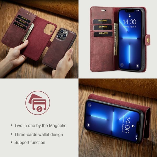 DG MING iPhone 14 Pro Max 2-i-1 Magnet Plånboksfodral - Röd