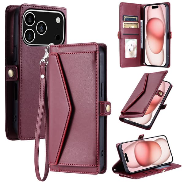 SKALO PU-Läder Envelope Plånboksfodral för iPhone 18 Pro - Röd