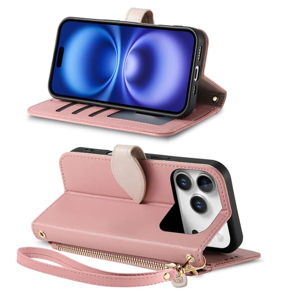 SKALO PU-Läder Lövdesign Plånboksfodral för iPhone 18 Pro Max - Roséguld
