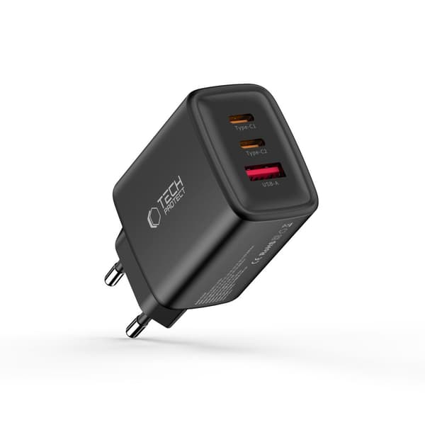 Tech-Protect NCA65W-GAN vægoplader 3-port 65W QC3.0 - Sort