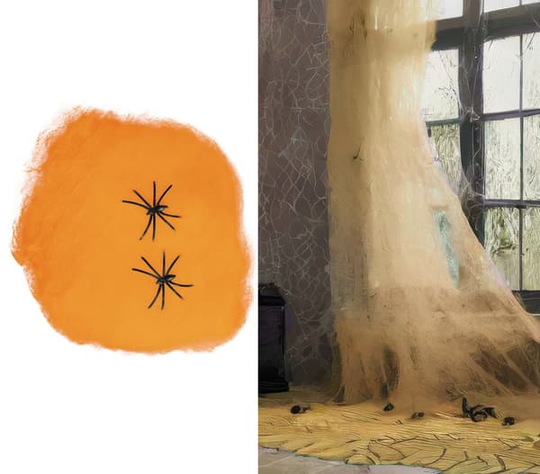 Kunstigt spindelnät orange 4 edderkopper 60g