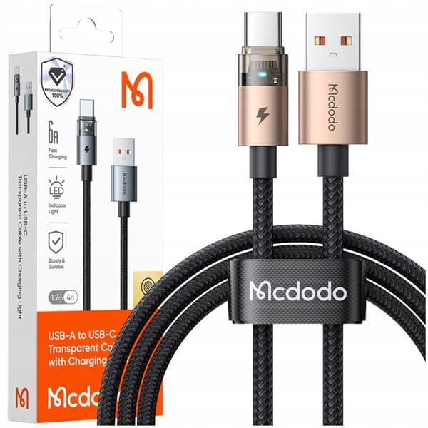 MCDODO KABEL USB-A USB-C SNABBLADDNING USB TYP C 6A 100W 1M LED GULD