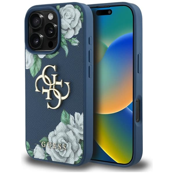 Guess Grained Roses Big 4G logo cover til iPhone 16 Pro Max blå