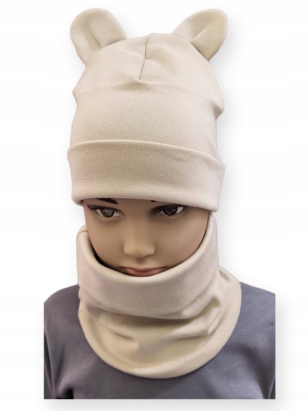 Set Hatt + Halsduk 92-98-104 barnset med öron 46-50 Beige