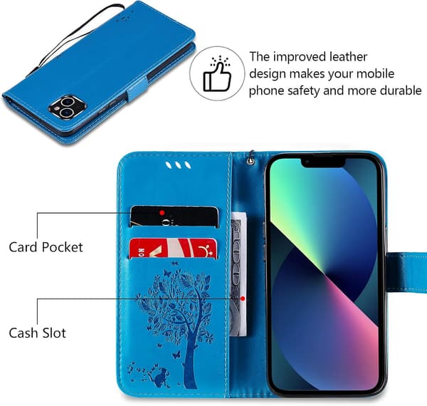 APPLE IPHONE 13 PRO FLAPSKAL BLÅTT TRÄD + 2x HÄRDAT GLAS
