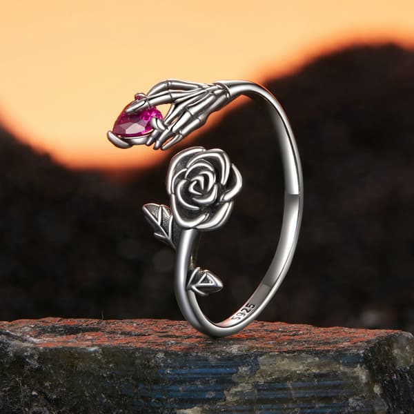 Sølv universal ring skelet hånd HJERTE og ROSE sølv 925