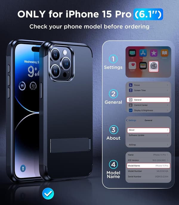 FORSTÆRKET ETUI TIL APPLE IPHONE 15 PRO SORT ARMOR MAT MED STATIV
