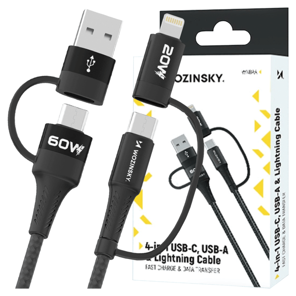 Kabel Wozinsky WNBAA 4w1 2x USB-C 1x USB-A 1x Lightning 60W 1 m - sort