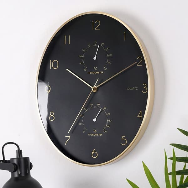 Vægur sort guld med termometer og hygrometer 27x34,5 cm