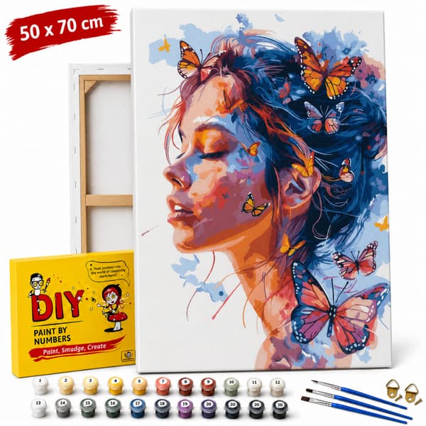 Mal efter tal med ramme Kvinde blandt sommerfugle 50x70 cm
