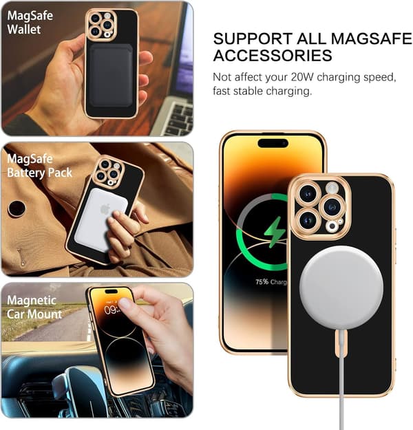 ETUI TIL APPLE IPHONE 14 PRO MAX SILIKONE SORT GULD MAGSAFE A2894 A2651