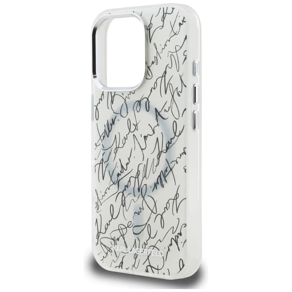 Karl Lagerfeld IML Karl Script Pattern MagSafe -kotelo iPhone 16 Prolle - valkoinen