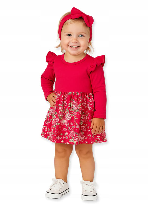 Bodysuitklänning storlek 104 långärmad med volanger rosa amaranth
