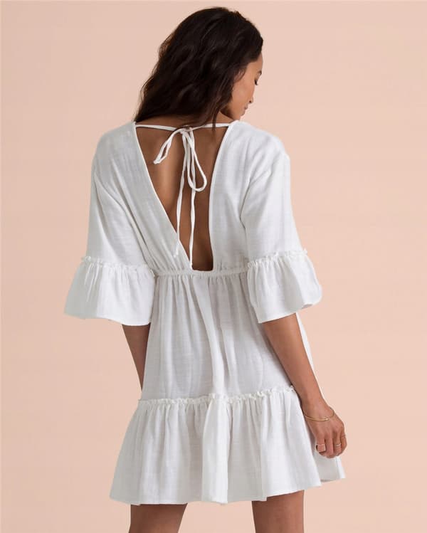 Klänning för sommar luftig mini pareo vit 3/4 ärmar strand boho ruffel