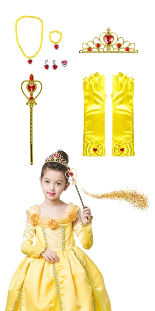 Bella Guld Prinsesse Kostume Sæt - Krone, Scepter, Handsker, 7 Dele
