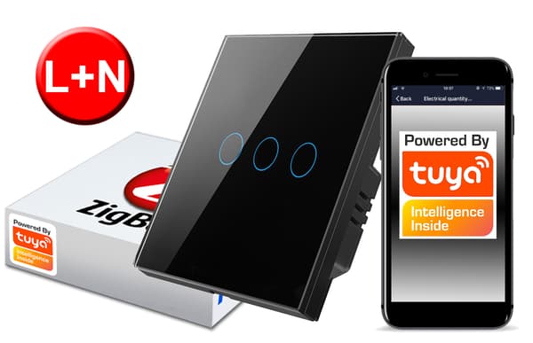 ZigBee TUYA Touch-afbryder 3-kreds sort# L+N